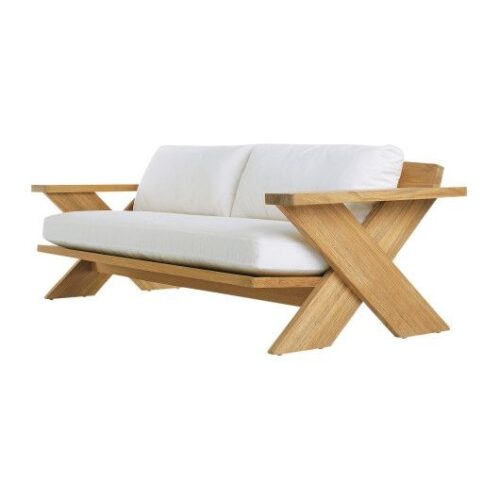 rame Structure: Architectural X-frame geometric design Material: Premium natural oak/teak toned hardwood Cushions: Water-resistant, high-durability linen or canvas blend (White) Capacity: Comfortable 2 to 3 seater lounge