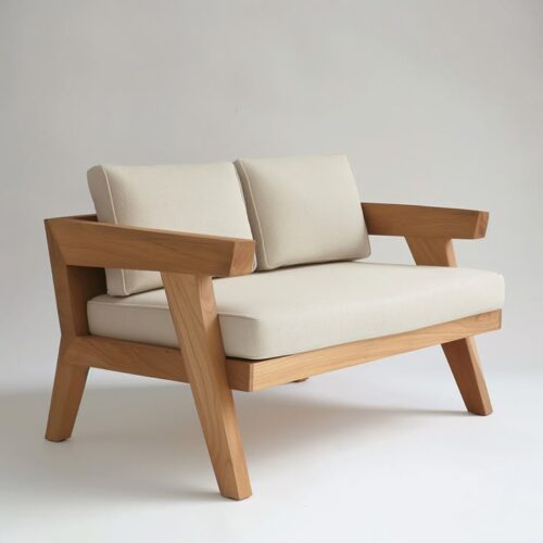 Jeanneret Style Modern Timber Loveseat – Ivory Linen