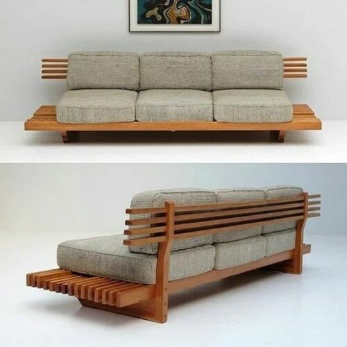 Kyoto Mid-Century Slat Bench Sofa – Textured Sage Green