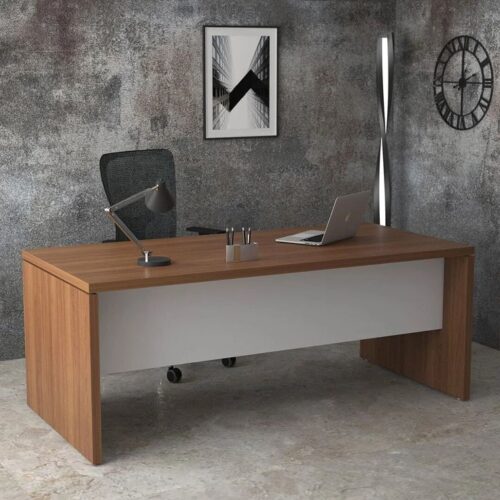 Executive Teak Wood & White Modern Office Desk with Modesty Panel