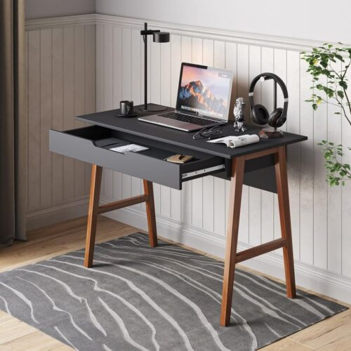 Mid-Century Modern Matte Black Computer Desk with Pull-Out Storage Drawer