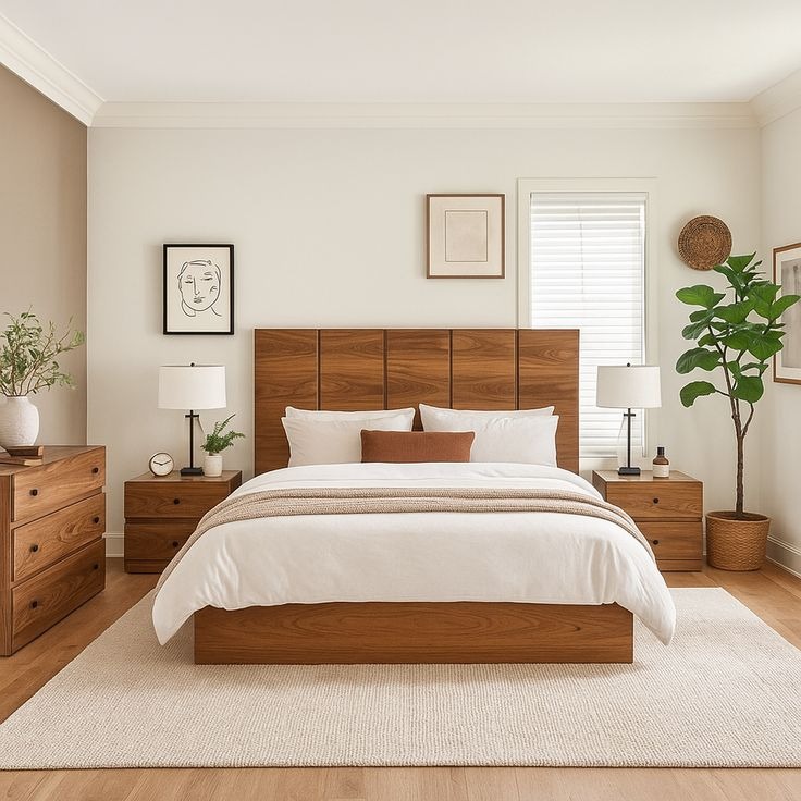Mid-Century Modern Warm Walnut Platform Bed Frame with Vertical Slat Headboard