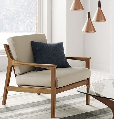 Mid-Century Modern Wooden Accent Armchair with Beige Linen Cushions