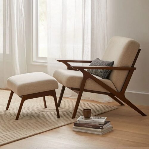 Mid-Century Modern Wooden Accent Lounge Chair and Ottoman Set in Beige Linen