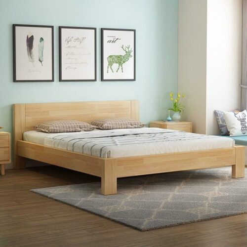 Minimalist Solid Oak Platform Bed Frame with Low Headboard