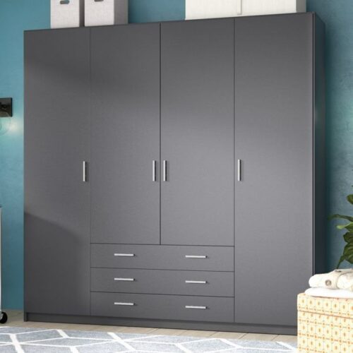 Modern Charcoal Gray 4-Door Wardrobe with 3 Central Storage Drawers