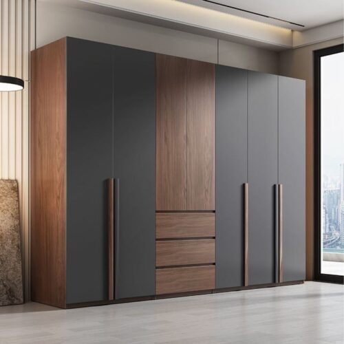 Modern Charcoal Gray & Walnut 6-Door Large Wardrobe with Built-In Drawers