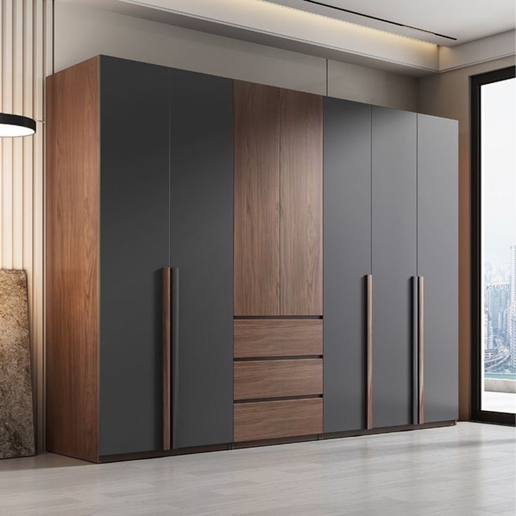 Modern Charcoal Gray & Walnut 6-Door Large Wardrobe with Built-In Drawers