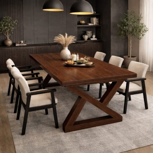 Modern Dark Walnut Dining Table with Geometric X-Frame Base