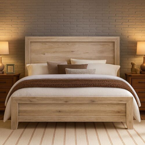 Nordic Light Oak Wooden Bed Frame with Panel Headboard
