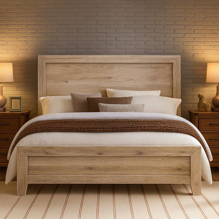 Nordic Light Oak Wooden Bed Frame with Panel Headboard