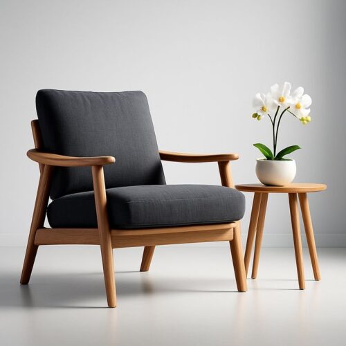 Scandinavian Solid Oak Lounge Accent Chair with Charcoal Gray Upholstery