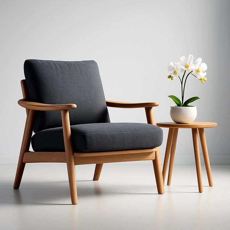 Scandinavian Solid Oak Lounge Accent Chair with Charcoal Gray Upholstery
