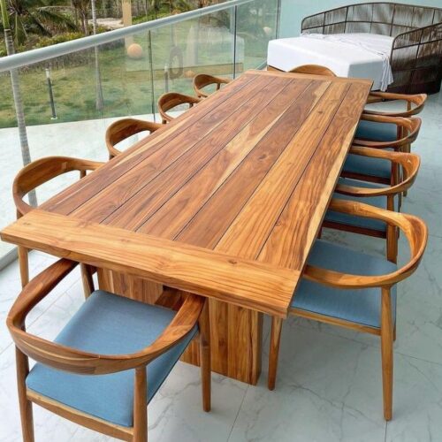 Solid Teak Outdoor/Indoor Dining Table Set with 8 Curved Armchairs