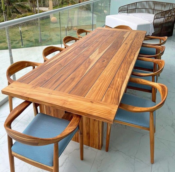 Solid Teak Outdoor/Indoor Dining Table Set with 8 Curved Armchairs